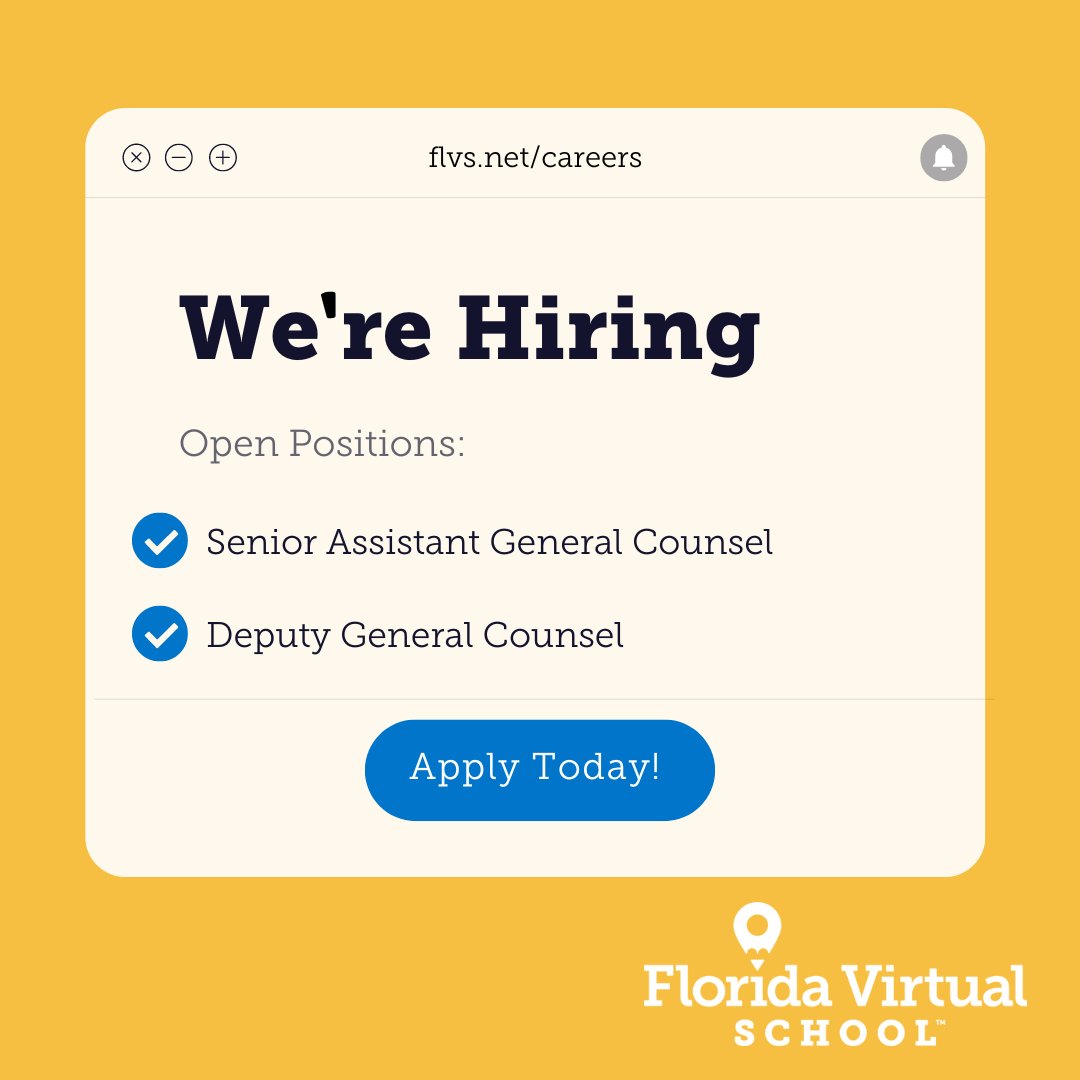 We're looking for a Senior Assistant General Counsel (Litigation) and Deputy General Counsel (Litigation &amp; Admin, Proceedings) to join our legal team. Learn more and apply today at flvs.net/careers