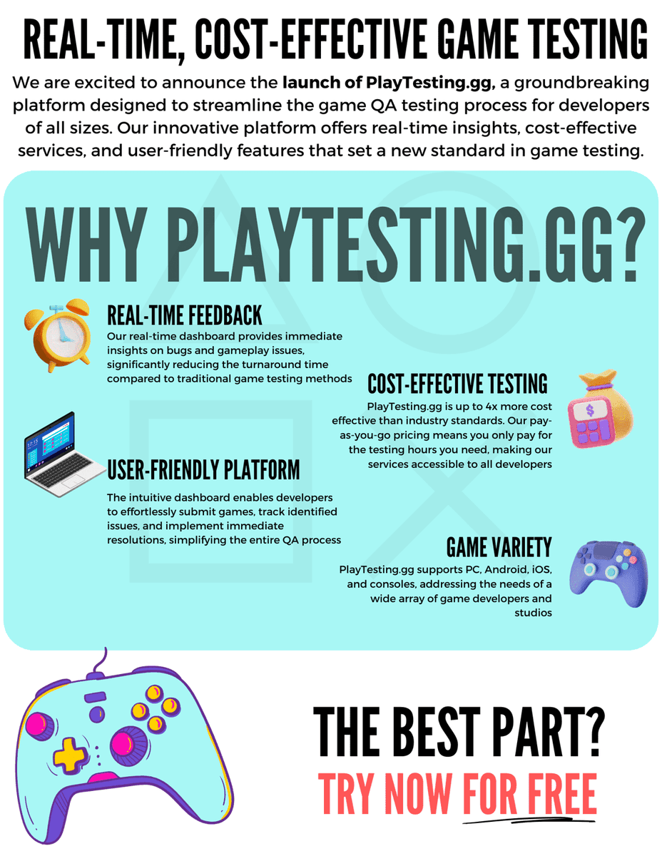 Tired of lengthy QA processes? PlayTesting.gg offers instant feedback and detailed reports to streamline your game development. Sign up now for 4 free hours of testing and see the difference! 
#GameDev #QA #GameTesting #PlayTesting #indiedev