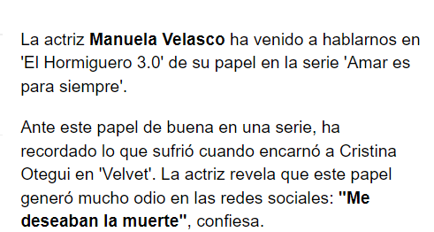 atletista1989's tweet photo. Justo hace poco vi parte de una entrevista a Manuela Velasco donde hablaba de la situación similar que vivió con el personaje de Cristina en Velvet, qué ascazo dan los fandoms, de verdad.
Sí, #notallfans, pero sí por desgracia lo suficiente. https://t.co/h1CUgNvm64