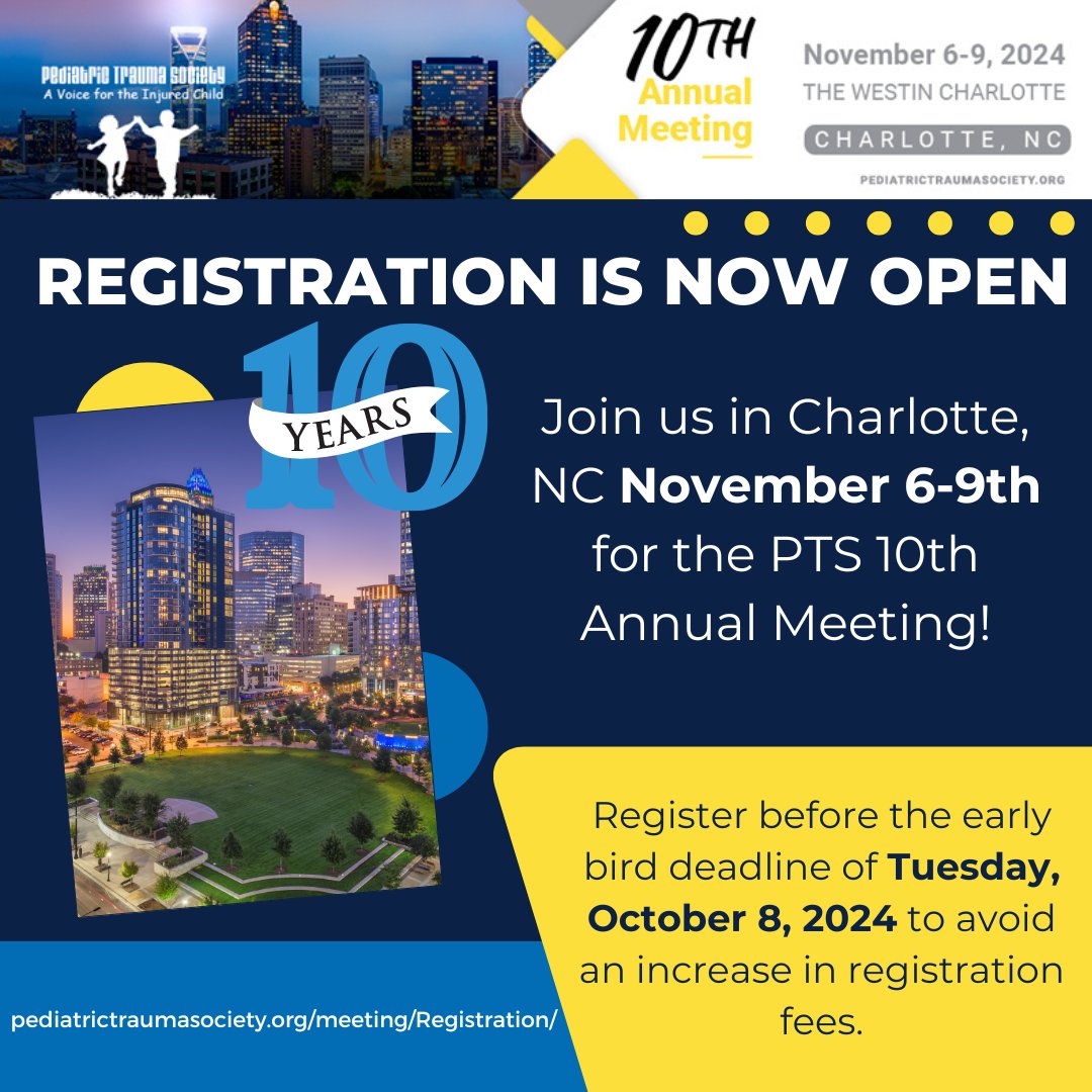 Join us in Charlotte to celebrate 10 years of PTS Meetings! Registration is now open for the PTS 10th Annual Meeting. 

Register now: pediatrictraumasociety.org/meeting/

#PTS #PTS2024 #PediatricTrauma #PediTraumaSoc #Trauma #Pediatrics #Peds
