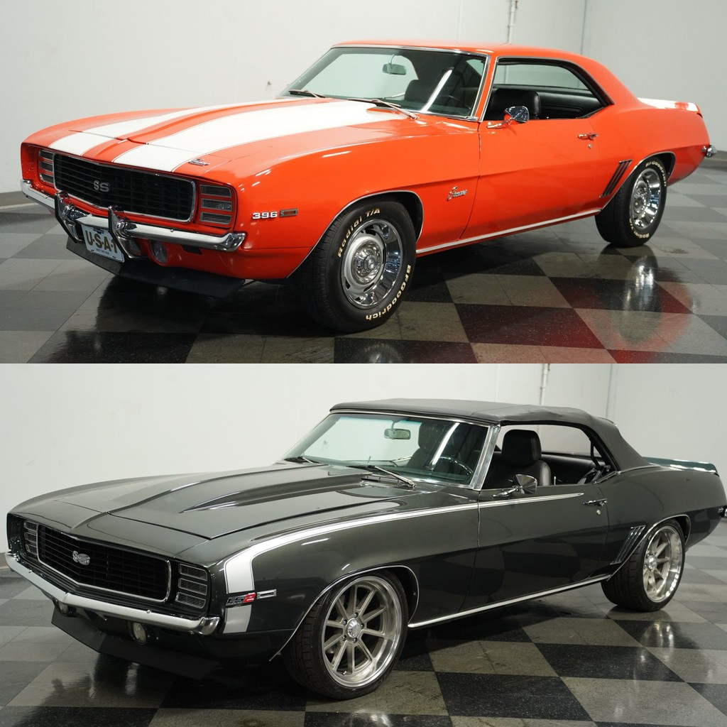 #Camaros! This 1969 #Chevrolet Camaro RS/SS 396 #Tribute and 1969 Chevrolet #Camaro RS/SS #Convertible LS #Restomod are both from our #Atlanta showroom! Which do you prefer? View these and over 1,600 more collector vehicles by visiting streetsideclassics.com/vehicles
