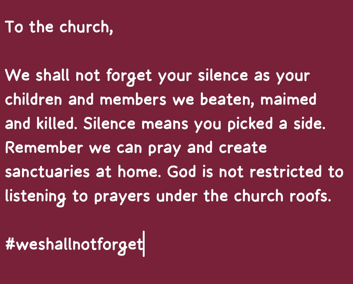 Tabzkare's tweet photo. We have seen your silence and it’s spoken volumes during this time. You can start preaching to yourselves on Sundays 
#WeShallNeverForget https://t.co/P44N8I7yip