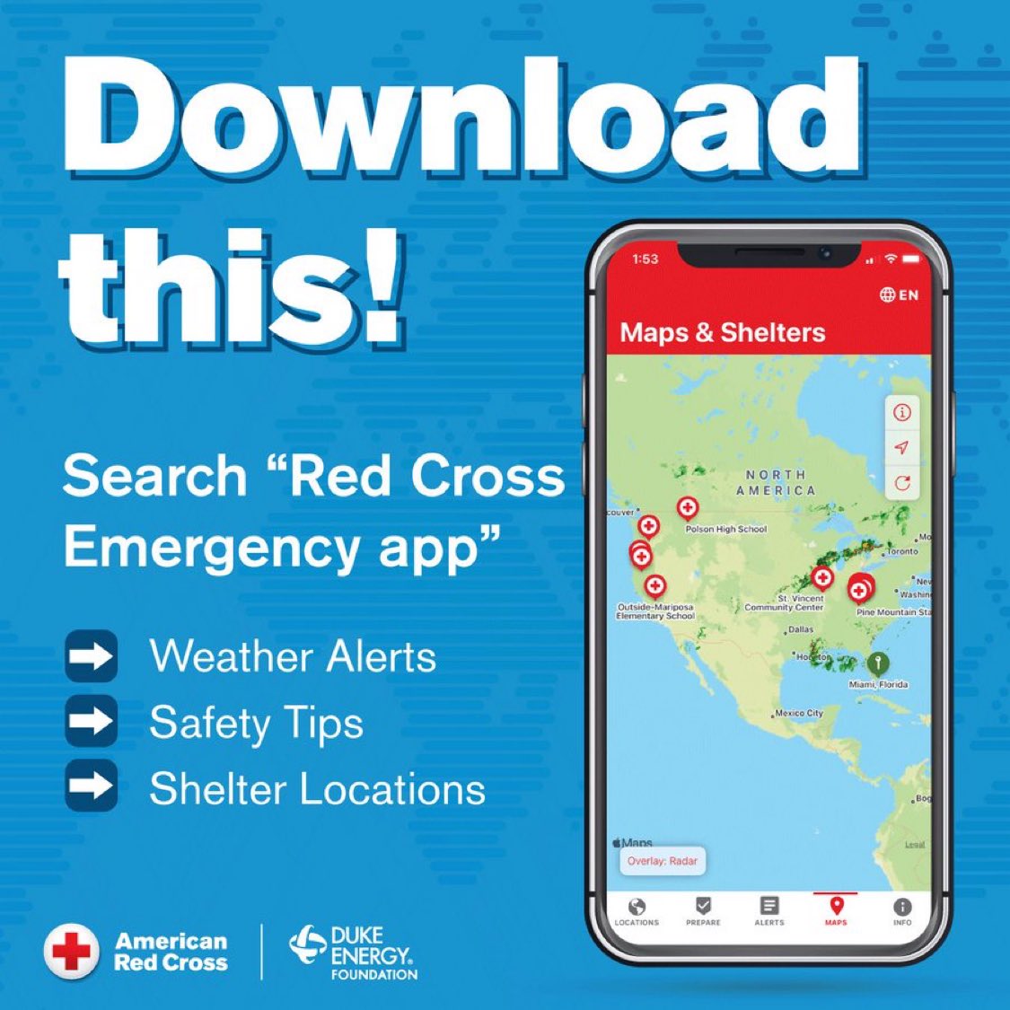 Help the <a href="/DukeEnergy/">Duke Energy</a> Foundation support the <a href="/RedCross/">American Red Cross</a> with up to $20,000 by downloading the app before June 30. Let’s support them as they stand ready to support us.