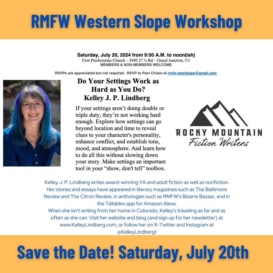 Do your settings work as hard as you do? Kelly J.P. Lindberg is hosting a seminar on how to make your settings reveal your mc's personality, enhance conflict, and establish tone, mood and atmosphere. Open to everyone, more info:
#IamRMFW #WritingCommunity
ow.ly/LaIK50Sr4N1