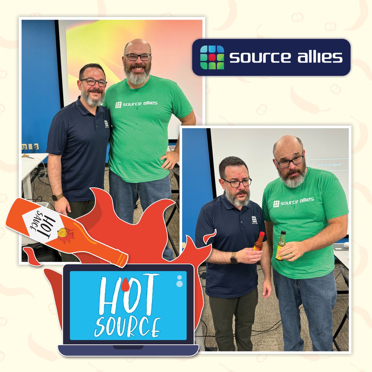 SourceAllies's tweet photo. Happy 2nd Birthday Hot Source!  To celebrate, host Ben J took his own turn being interviewed by teammate and co-creator Andreas while they ate super spicy wings.  Cheers to two years and many more spicy interviews!

#hotsource #hotones #teammates #teacher #culture #scoville https://t.co/UpoplZhMdD
