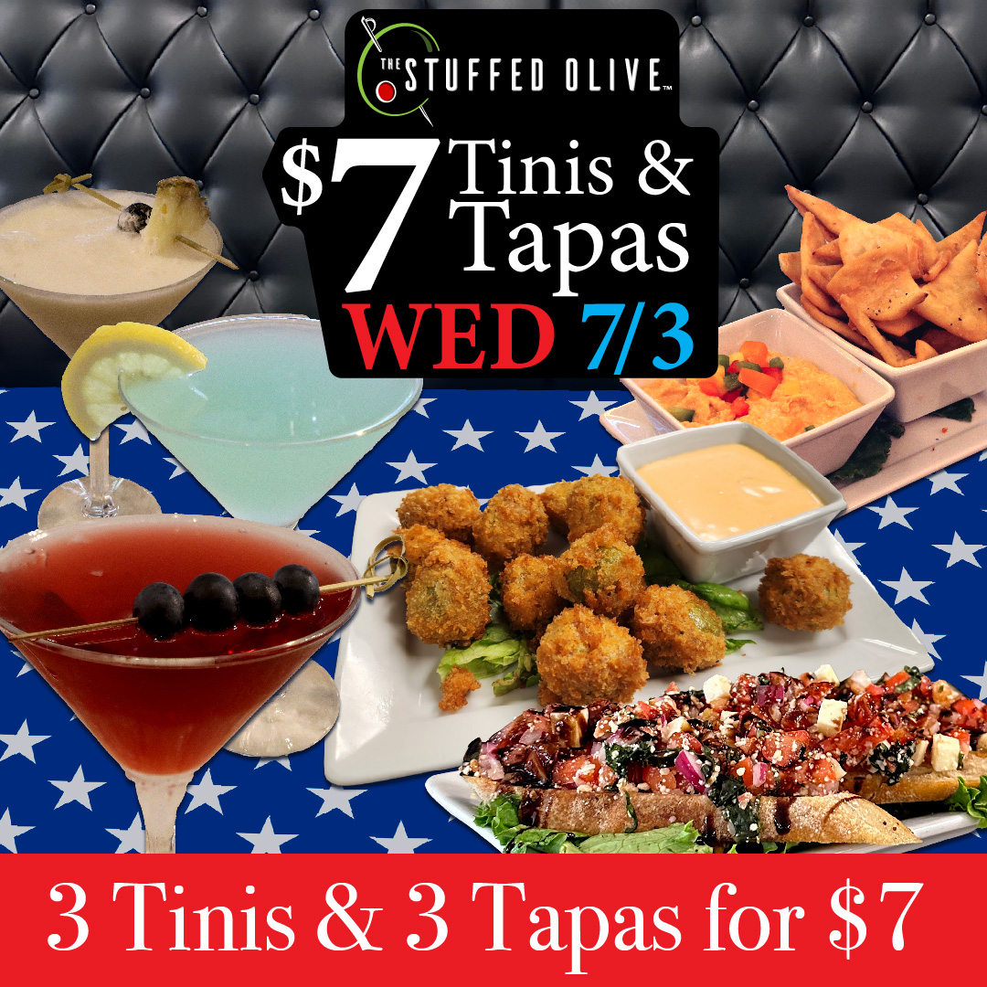 Indulge in a mid-week treat at our $7 Tinis &amp; Tapas event this Wed 7/3! ❤️🤍💙
Don't miss out on this delicious evening! 🍸✨

#thestuffedolive #martinibar #tapas #mainstreetcedarfalls #redwhiteandblue