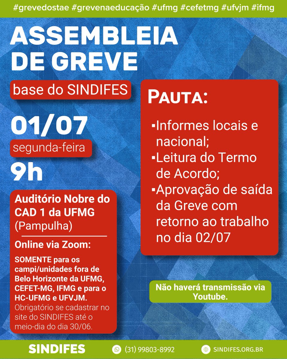 O Comando Geral de Greve do SINDIFES convoca sua base para Assembleia de Greve nesta segunda, 01 de julho, ás 9h, no Auditório Nobre do CAD 1 (UFMG) e via Zoom. Veja os detalhes em: l1nq.com/s2w4Y
#grevenaeducação #grevedostae #ufmg #cefetmg #ufvjm #ifmg