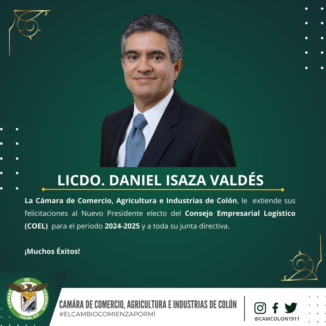La Cámara de Comercio, Agricultura e Industrias de Colón, le  extiende sus felicitaciones al Nuevo Presidente electo del Consejo Empresarial Logístico (COEL)  para el periodo 2024-2025 y a toda su junta directiva.

¡Muchos Éxitos!

#ElCambioComienzaPorMí