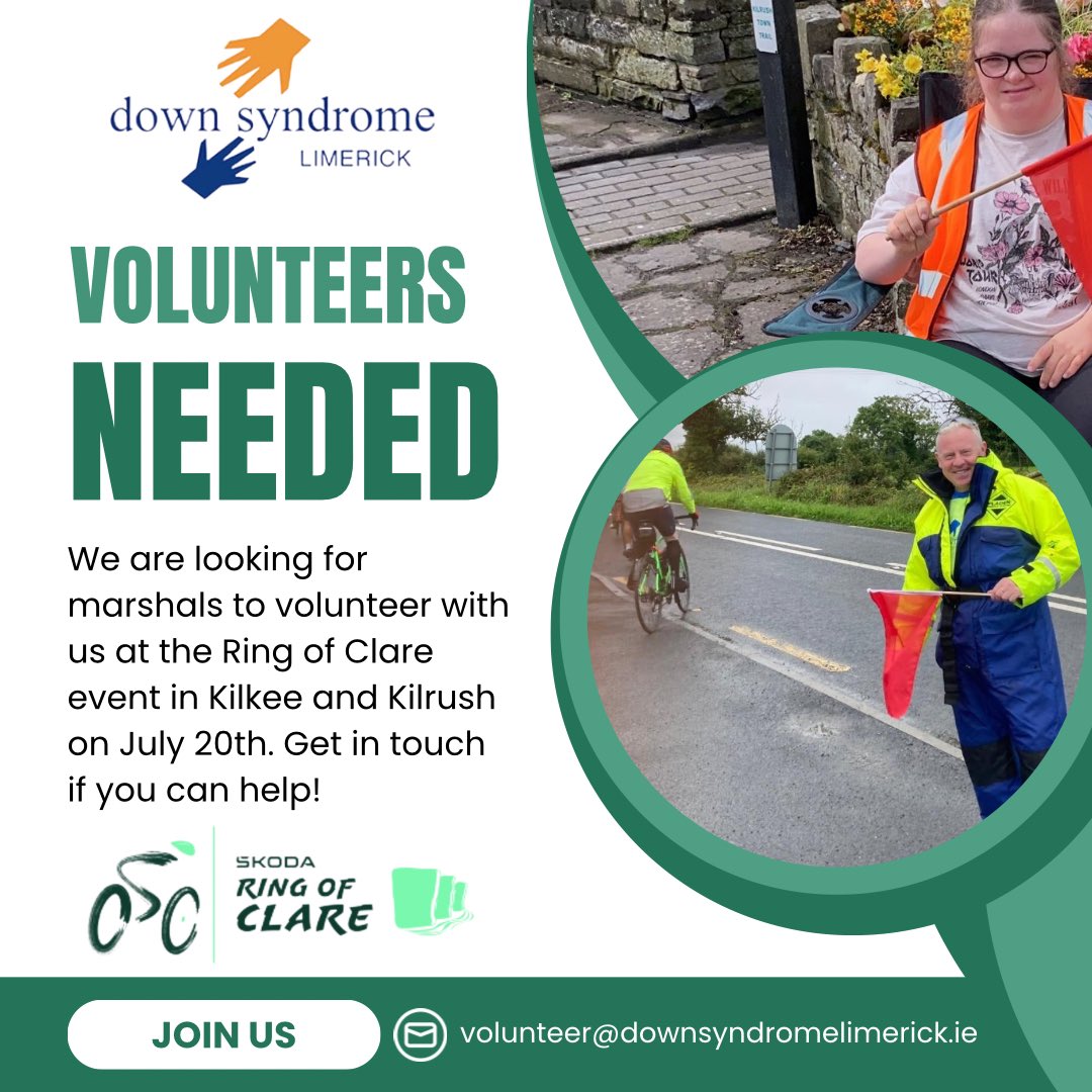 Volunteers Needed! 

We are looking for volunteers to marshal at the Ring of Clare Cycle with us on July 20th. If you can help please let us know. 

Comment, PM us or email us at volunteer@downsyndromelimerick.ie 

#VolunteersMakeADifference