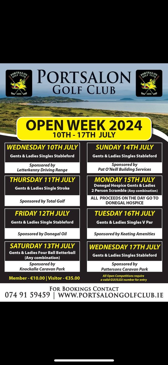𝗣𝗼𝗿𝘁𝘀𝗮𝗹𝗼𝗻 𝗢𝗽𝗲𝗻 𝗪𝗲𝗲𝗸 2024

Our Open Week festival of golf begins on Wednesday 10th July and runs EVERY DAY until Wednesday 17th July. 

Timesheets for visiting golfers are now open by clicking on the link below. 

visitors.brsgolf.com/portsalon#/ope…