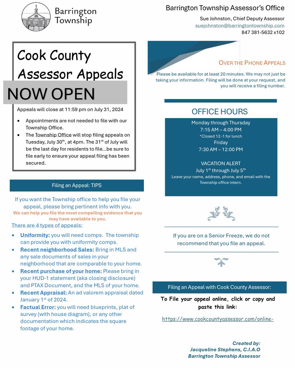 Barrington Township Office is now open to file Cook County assessment appeals! Appointments are not required and may be filed over the phone. Barrington Township office hours: M - Th 7:30a.m. - 4:00p.m.; F 7:30a.m. - 12:00p.m. The Office will be closed July 1 -  July 5. #bacog