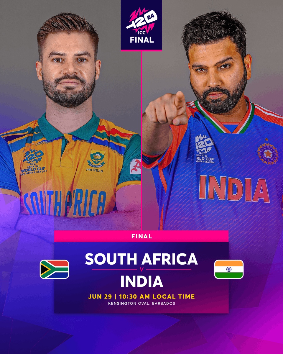 T20WorldCup's tweet photo. 2️⃣ Unbeaten teams 1️⃣ Trophy at stake

South Africa and India will face off in Barbados for the ultimate prize 🏆

#T20WorldCup #SAvIND https://t.co/L2AzXio1AP