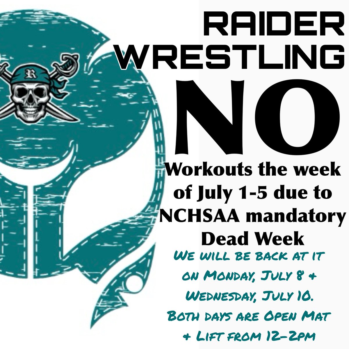 July 1-5 is a mandatory <a href="/nchsaa/">NCHSAA</a> dead week, meaning there are NO workouts. We will be back at it on 7/8 &amp; 7/10 w/open mat &amp; lift sessions from 12-2pm

Make sure you are working next week! You want to achieve great things? Then put in even greater work! #RiseAndGrind <a href="/Steve_Keaton/">Cᴏᴀᴄʜ Sᴛᴇᴠᴇ Kᴇᴀᴛᴏɴ</a>