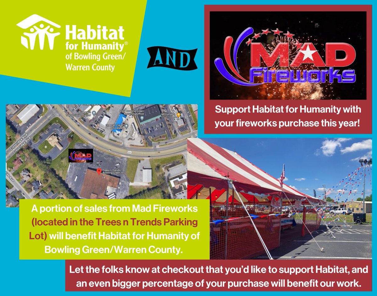 Buying fireworks this year? Support Habitat for Humanity locally by getting your fireworks at Mad Fireworks (located at Trees n Trends). Let the folks there know your supporting Habitat to increase the funds raised for our work. Visit their facebook at: facebook.com/profile.php?id…