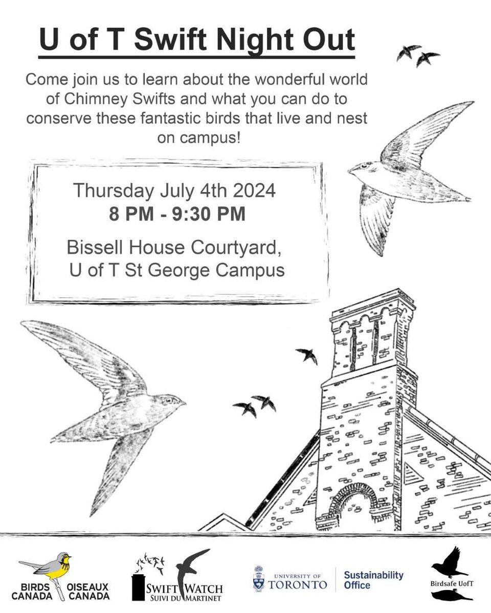 BirdsCanada_ON's tweet image. Our Ontario #SwiftWatch team has an exciting new event for those located in the GTA! Come out to the beautiful U of T campus to learn about Chimney Swifts - Registration not required and it is free to attend @birdsafeuoft @UofT