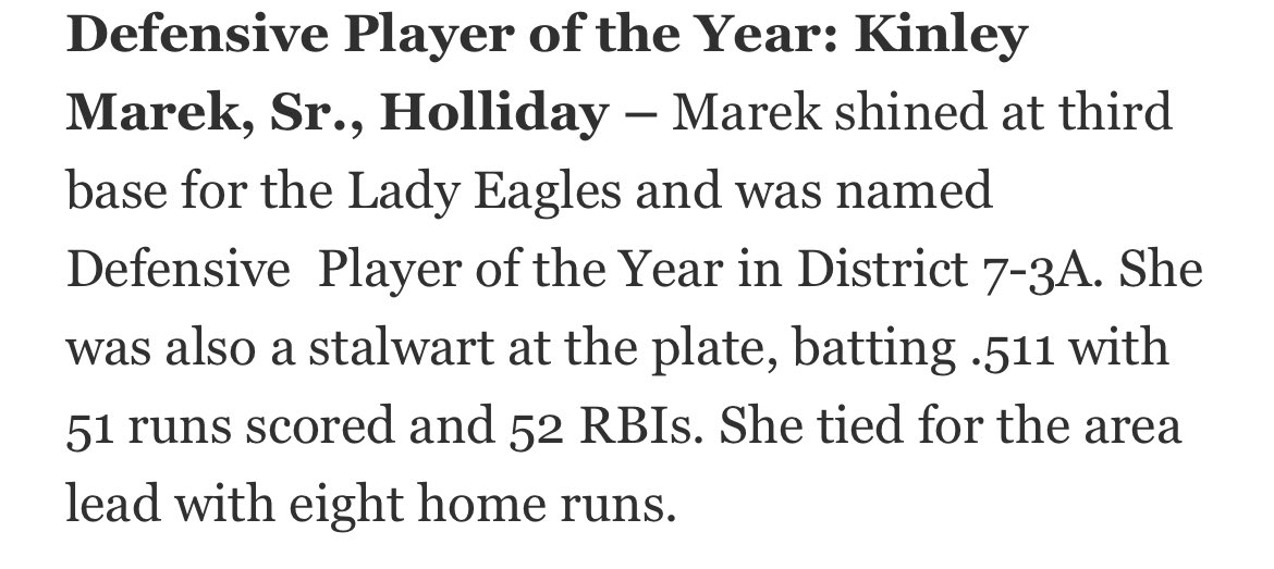 Another special recognition for a great player. Congrats to ⁦<a href="/KinleyMarek/">Kinley Marek</a>⁩ for her ⁦<a href="/trnsports/">TRNsports</a>⁩ Diamond Dozen Defensive MVP award. ⁦<a href="/Hull_TRN/">Jonathan Hull</a>⁩