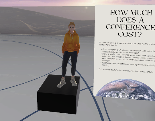 Dr. Andrea Gokus (@andreagokus) on Twitter photo Very impressed by the <a href="/futuremeetings/">The Future of Meetings</a> team to enable networking at the annual <a href="/AstroSocAus/">Astro. Soc. Aus.</a> meeting (using <a href="/Spatial_io/">Spatial</a>)!
Here's my avatar at the CO2 emission comparison from an in-person vs. virtual #ASA2024 meeting (created by TFOM member Glen). Very impressed by the <a href="/futuremeetings/">The Future of Meetings</a> team to enable networking at the annual <a href="/AstroSocAus/">Astro. Soc. Aus.</a> meeting (using <a href="/Spatial_io/">Spatial</a>)!
Here's my avatar at the CO2 emission comparison from an in-person vs. virtual #ASA2024 meeting (created by TFOM member Glen).