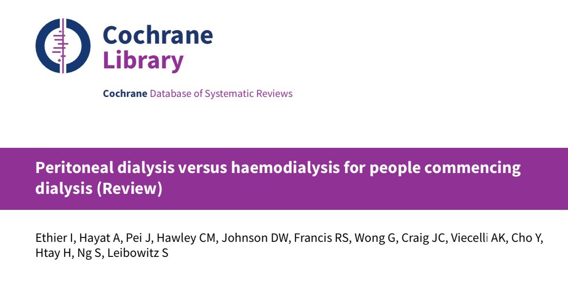 Very proud of the tremendous amount of work we put into this Cochrane review comparing PD vs. HD for people starting long-term dialysis 👩🏻‍⚕️⚖️ Over 3 years (including 2 pregnancies/babies and a pandemic!) later, it has now been published 📰 doi.org/10.1002/146518…