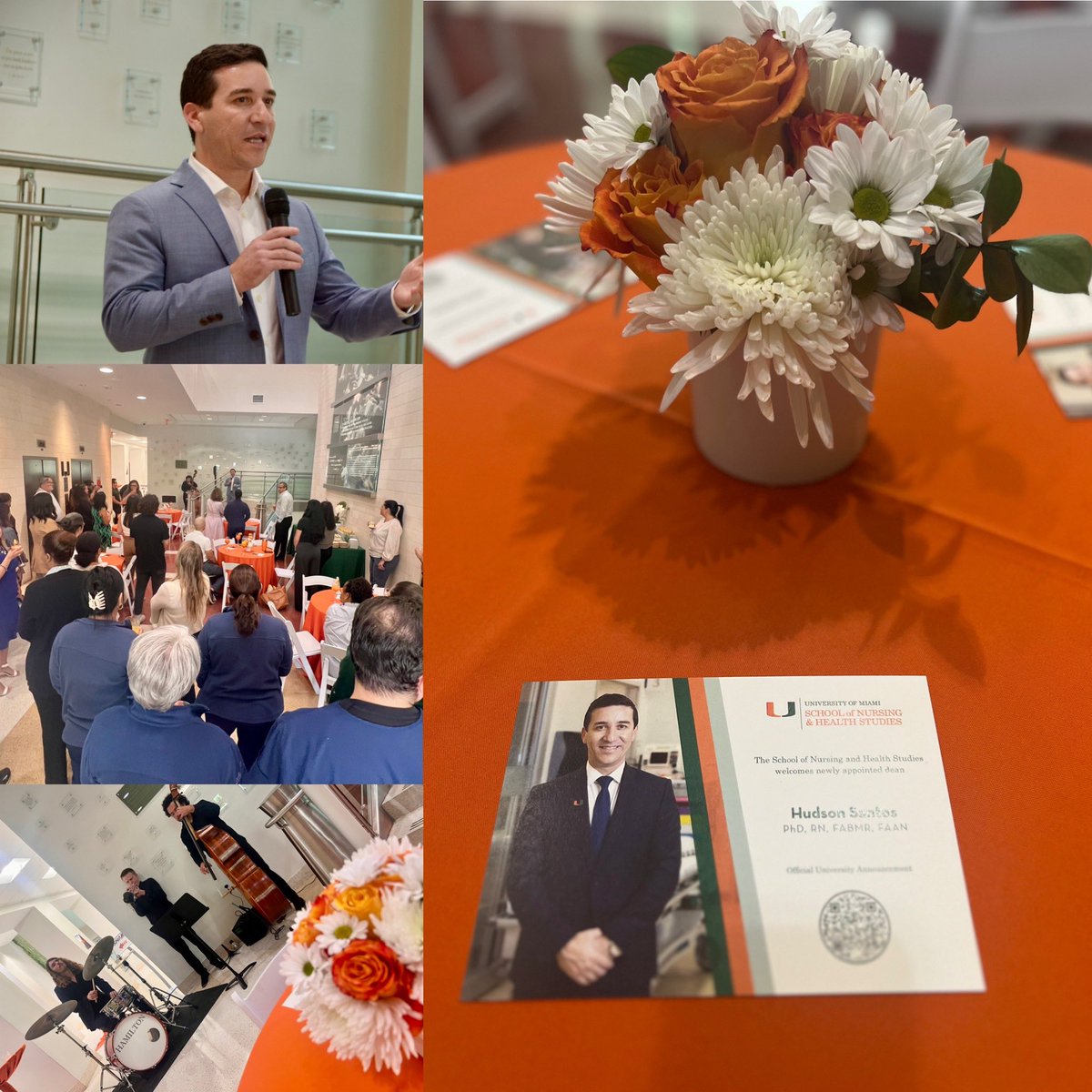 UMiamiNursing's tweet photo. #SONHS SOCIAL HOUR with Dean Santos, was a jumpstart to a promising new chapter. Leadership, faculty and staff enjoyed a wonderful time. Together, we can make it all brighter, bigger, and better. Thank you Dean Santos! 🧡🙌🏻💚 #UMiamiNursing #CaneNurse #WeAreOneU @hudson_santosjr 

Shoutout to the  #FROST School of Music, your musicians were amazing!