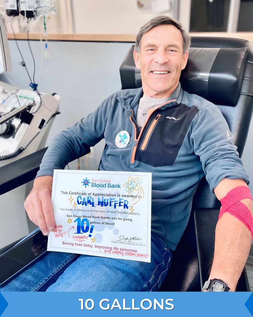 sdbloodbank's tweet photo. Let's show some love for Carl on his 10 gallon donor milestone! 💪🏼🩸🎉 Our #SDBB Family donors make a real impact in our community. Thank you Carl for your lifesaving donation. 🫶🏼
#GallonMilestone #BloodDonors #SavingLives #DonateBlood #BloodDonation #SanDiego https://t.co/NnCZzHlDdw