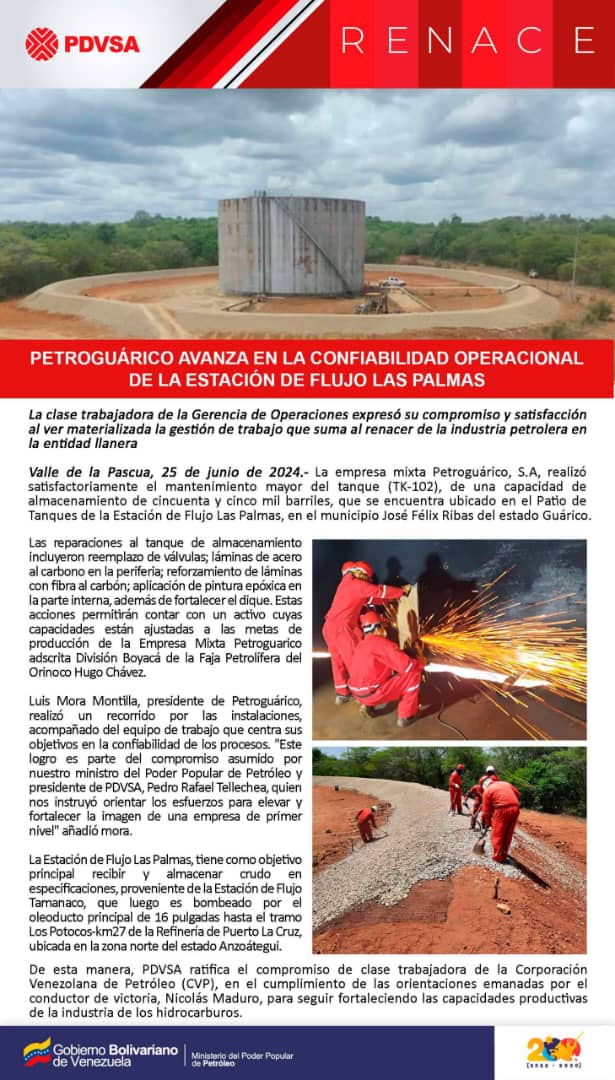 MORALM80's tweet photo. #Junio2024 Con éxito culminados los trabajos en la E/F Las Palmas ubicado en el Municipio José Félix Ribas Edo. GUÁRICO del Mantenimiento y Reparación del tanque 102 de 55MBls de almacenamiento de crudo en especificaciones
 TRABAJO EN EQUIPO VICTORIA SEGURA🇻🇪🛢 @TellecheaRuiz https://t.co/RRR00jRi0l