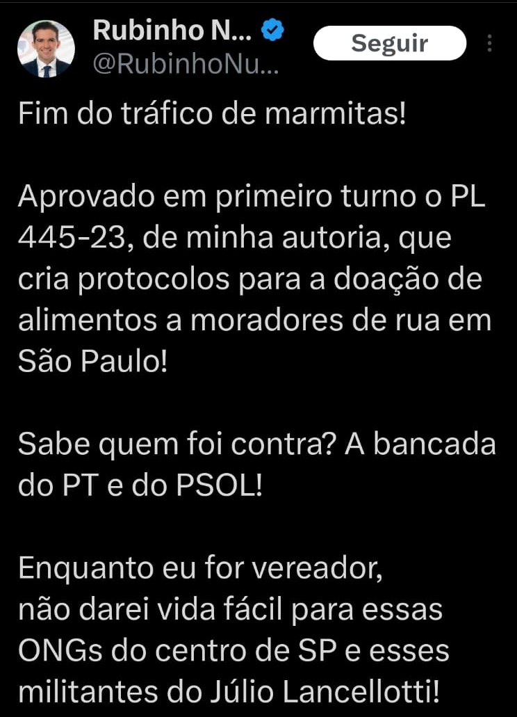 Isso aqui passou e o monstro, Rubinho Nunes, está feliz com o projeto mais hediondo que já vimos.

As pessoas irão literalmente morrer e matar por comida em São Paulo. Estamos assistindo o início de um genocídio da população de rua.