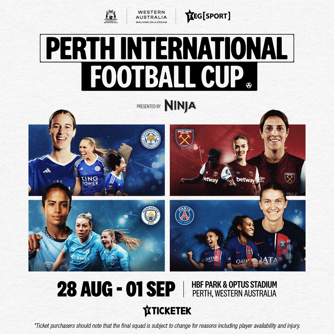 Manchester City, West Ham United, Leicester City, and Paris Saint-Germain are headed to Perth!

The teams will battle it out in the Perth International Football Cup presented by Ninja, with a doubleheader finale at Optus Stadium on Sun, 1 Sept ⚽

🎟️ loom.ly/vkFb_MI