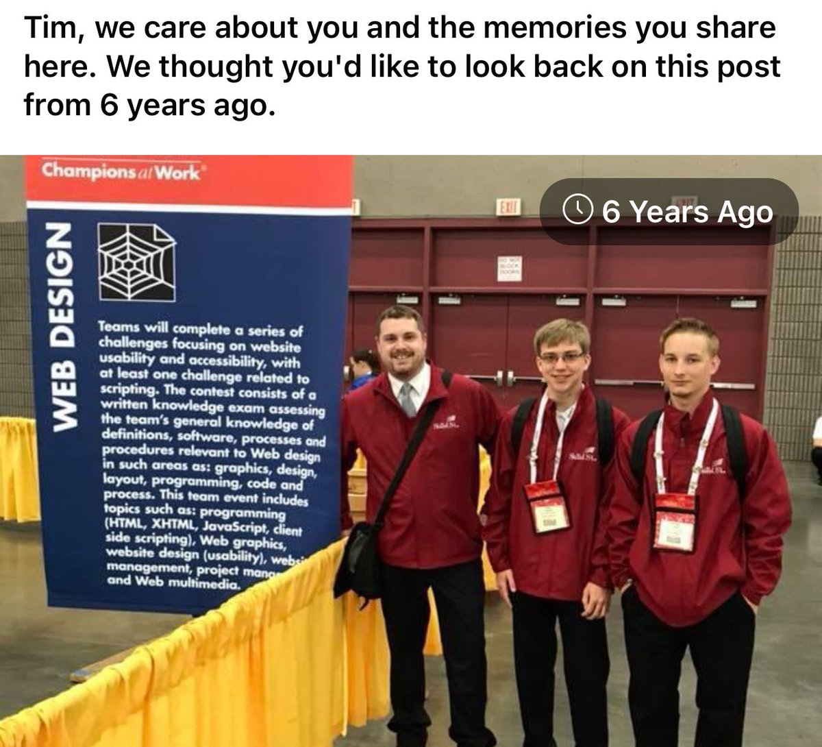 6 years ago these two young men took me to the <a href="/SkillsUSA/">SkillsUSA</a> National Competition for Web Design.

I have only a few pictures, but so many incredible happy memories. From the buss ride to eating out and competing, this was a special experience as a teacher 💚