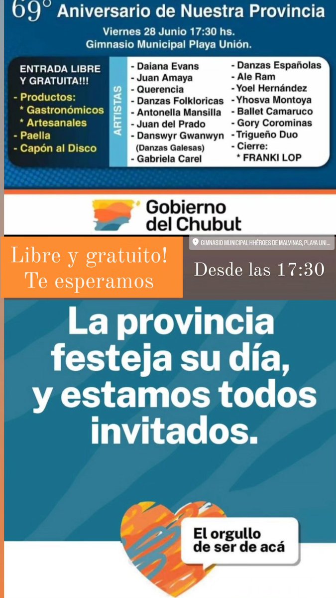 OrlandoAndVera's tweet photo. Este viernes 28 desde las 17:30 en el Gimnasio Municipal #HeroesDeMalvinas de #PlayaUnion estamos TODOS invitados: #Chubut festeja su aniversario!!!! https://t.co/AbRiMNlPA4