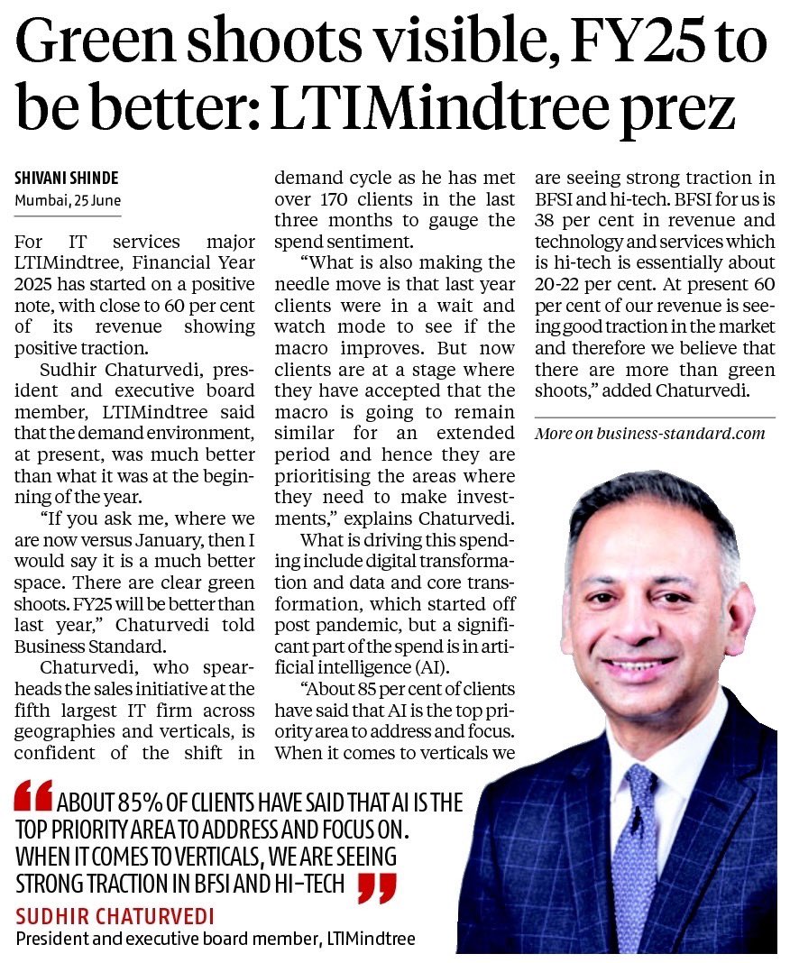.<a href="/Sudhir_Chat/">Sudhir Chaturvedi</a>, President and Executive Board Member at #LTIMindtree, shares some market optimism in a recent interview with <a href="/bsindia/">Business Standard</a>. With already visible green shoots and 140+ generative Al projects in action, FY25 promises significant growth for LTIMindtree. Read more