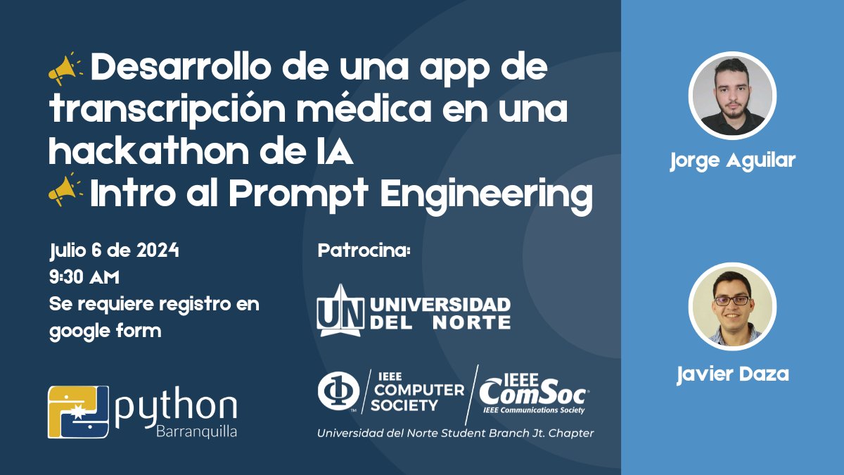 Python Barranquilla (@pybaq) on Twitter photo Volvemos el 6 de julio con más #Python e #IA con dos charlas interesantísimas. Con el apoyo de <a href="/ColombiaPython/">Python Colombia</a> <a href="/UninorteCO/">Universidad del Norte</a> y sus grupos de IEEE.
Registrate para asistir en meetup.com/pythonbaq/even… Volvemos el 6 de julio con más #Python e #IA con dos charlas interesantísimas. Con el apoyo de <a href="/ColombiaPython/">Python Colombia</a> <a href="/UninorteCO/">Universidad del Norte</a> y sus grupos de IEEE.
Registrate para asistir en meetup.com/pythonbaq/even…