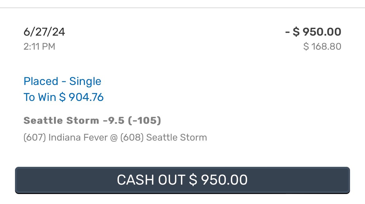 Sportstatistics's tweet photo. Let's get to Betting.
Play of the day Seattle Storm -9.5

I believe in posting proofs and not units without the money to back it up. 🥷🏻
#Betting #WNBA #wnbapredictions https://t.co/y8KBBZRnKJ