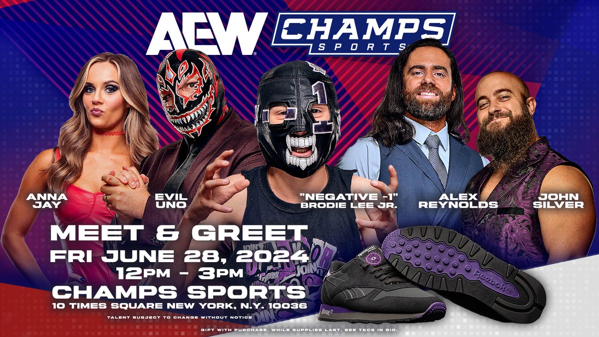 AEW's tweet photo. Visit @ChampsSports' Times Square location TOMORROW June 28th from 12-3pm to meet Current & Former #DarkOrder Members @EvilUno, @AnnaJay___, @SilverNumber1, @YTAlexReynolds and #Negative1 (Brodie Lee Jr)
*Gift With Purchase. While Supplies Last. See T&Cs here
https://t.co/noEDxo21h8