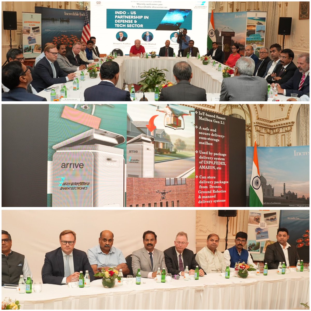 IndiainNewYork's tweet photo. @IndiainNewYork & Bharat Electronics Ltd (BEL) @BEL_CorpCom launched Smart Mail Box in the US and hosted the Roundtable on Indo-US defense & tech partnership, emphsizing on new and emerging technologies. Consul General @binaysrikant76 highlighted the significance of iCET and India’s role in technology sectors like AI, Biotech, semi conductors, space and clean energy. 

Bharat Electronics, leading Indian company in defence sector, launched its new IoT-based smart mailbox service in the US and announced the partnership with american company ‘Arrive’, which specialises in drone technology.

@IndianEmbassyUS 
@MEAIndia 
@IndianDiplomacy 
@DefenceMinIndia 
@DoC_GoI