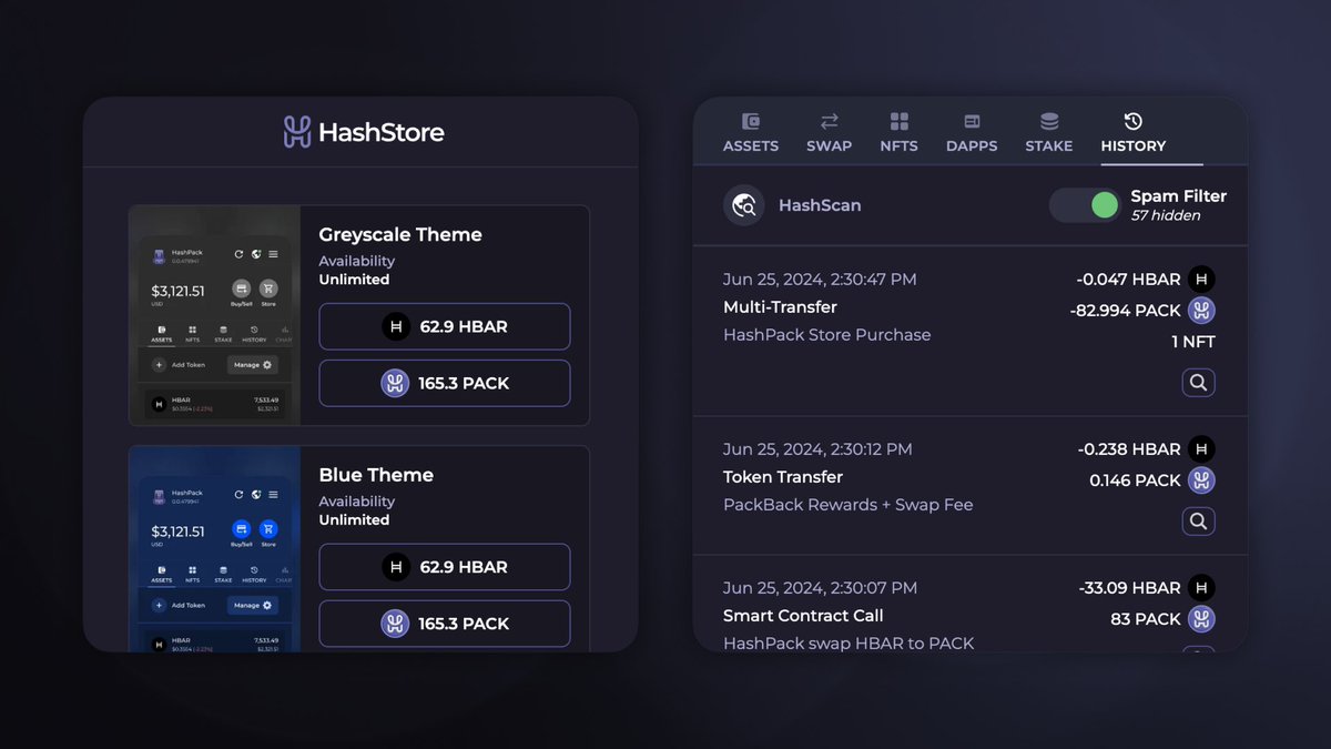 hashpack's tweet photo. HashPack 10.3.0 is now live! 📢
$PACK Store Purchase & Spam Filter

PACK Store Purchase 🎒
You can now use your $PACK to purchase items in the HashPack store!

This update also makes store prices fixed in USD, so these items wont go up in price when $HBAR goes up in price.

Spam Filter 🔕
We've also added a spam filter to the history tab that will filter out dust transactions, this feature will likely require tuning as we go forward so if you notice any legitimate items being hidden please let us know.

Other Updates 🛠️
– Added Hedera maintenance banner when network is under maintenance
– Upgraded to @davincigraph token icons v2

This update is available on all platforms.
