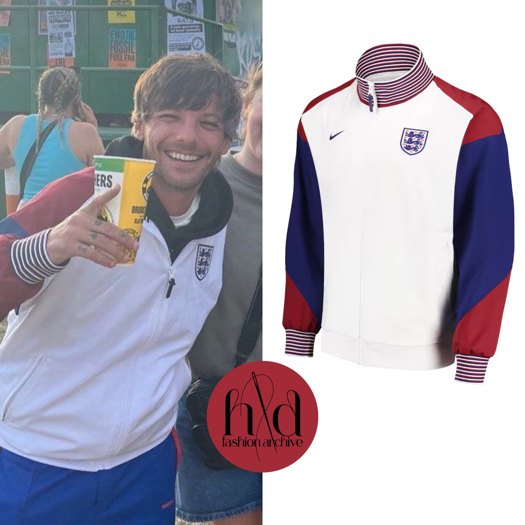 HLD Fashion on X Louis was wearing an England Nike Anthem Jacket in White at the Glastonbury festival today. June 2024 https t eVi0kIywXk https t L2asI9Blxz X