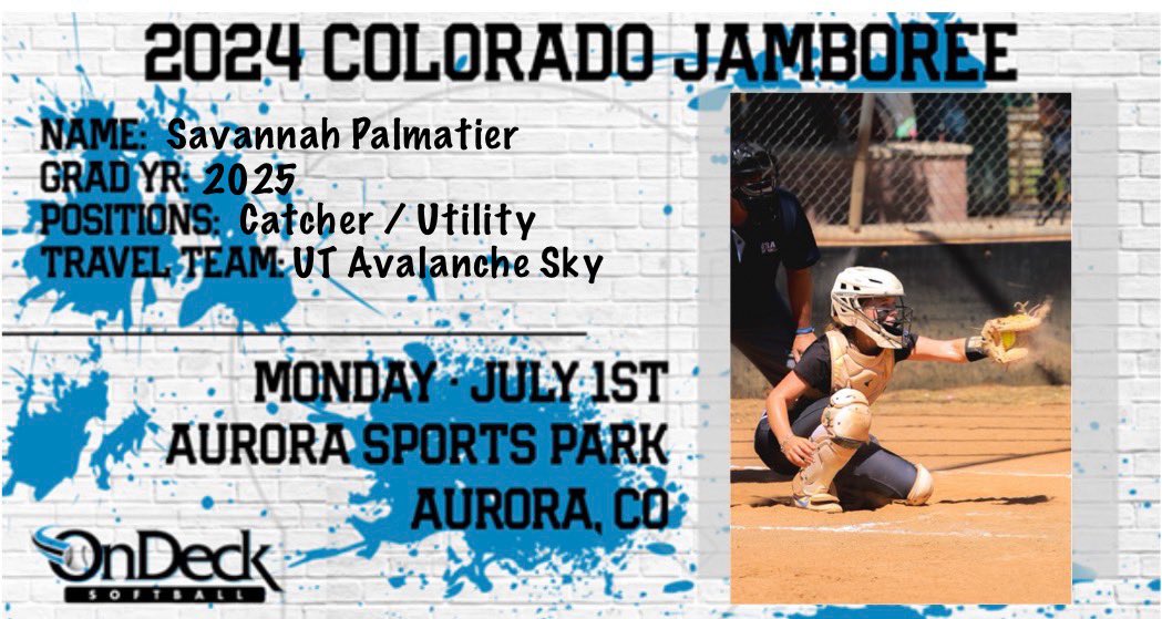 Come catch me at the <a href="/ondecksoftball/">OnDeck Softball 🥎</a> Colorado Jamboree on Monday July 1st  from 9am to 2:30pm at the Aurora Sports Park. <a href="/TCSFastpitch/">TC Fastpitch</a> <a href="/COSparkFire/">CO 4th of July</a> <a href="/avalanche_sky/">Utah Avalanche Sky</a> <a href="/tc_collegecoach/">TC College Coaches</a> <a href="/UT_Avalanche/">Utah Avalanche Fastpitch</a>