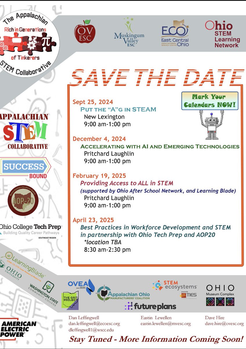 Dan Leffingwell (@leffingwelldan) on Twitter photo Mark your calendars NOW!! The 2024-2025 <a href="/AppSTEMCollab/">The Appalachian STEM Collaborative</a> will be 🔥 🔥 🔥!!! Additional information and registration info will be coming soon!! <a href="/TIESTeach/">TIES</a> <a href="/STEMecosystems/">STEM Ecosystems</a> <a href="/OSLN/">OSLN</a> <a href="/OHEducation/">OH Dept of Ed and Workforce</a> <a href="/OhioOWT/">Ohio OWT</a> <a href="/ecoesc/">ECOESC</a> <a href="/OhioValleyESC/">Ohio Valley ESC</a> <a href="/mvesc/">Muskingum Valley ESC</a> <a href="/grit_ohio/">GRITOhio</a> <a href="/shp_design/">SHP</a> <a href="/pastfoundation/">PAST Foundation</a> <a href="/DoDstem/">DoDSTEM</a> Mark your calendars NOW!! The 2024-2025 <a href="/AppSTEMCollab/">The Appalachian STEM Collaborative</a> will be 🔥 🔥 🔥!!! Additional information and registration info will be coming soon!! <a href="/TIESTeach/">TIES</a> <a href="/STEMecosystems/">STEM Ecosystems</a> <a href="/OSLN/">OSLN</a> <a href="/OHEducation/">OH Dept of Ed and Workforce</a> <a href="/OhioOWT/">Ohio OWT</a> <a href="/ecoesc/">ECOESC</a> <a href="/OhioValleyESC/">Ohio Valley ESC</a> <a href="/mvesc/">Muskingum Valley ESC</a> <a href="/grit_ohio/">GRITOhio</a> <a href="/shp_design/">SHP</a> <a href="/pastfoundation/">PAST Foundation</a> <a href="/DoDstem/">DoDSTEM</a>