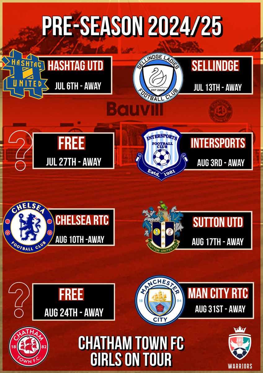 U14 girls 2024/25 
We are looking for 2 more fixtures for our pre-season schedule. Please dm us or email chathamtowngirlsfc@gmail.com

<a href="/WoSo_Friendlies/">WoSo Friendly Finder</a> <a href="/fffinderuk/">football Friendly finder</a> <a href="/CAWFC_clubnews/">Charlton Athletic Women's PGA, Girls Academy & ETC</a> <a href="/CpfcwJuniors/">Crystal Palace F.C Women - Academy</a> @LCL_Academy <a href="/ArsenalAcademy/">Arsenal Academy</a> <a href="/BHAFCWomen/">Brighton & Hove Albion Women</a>