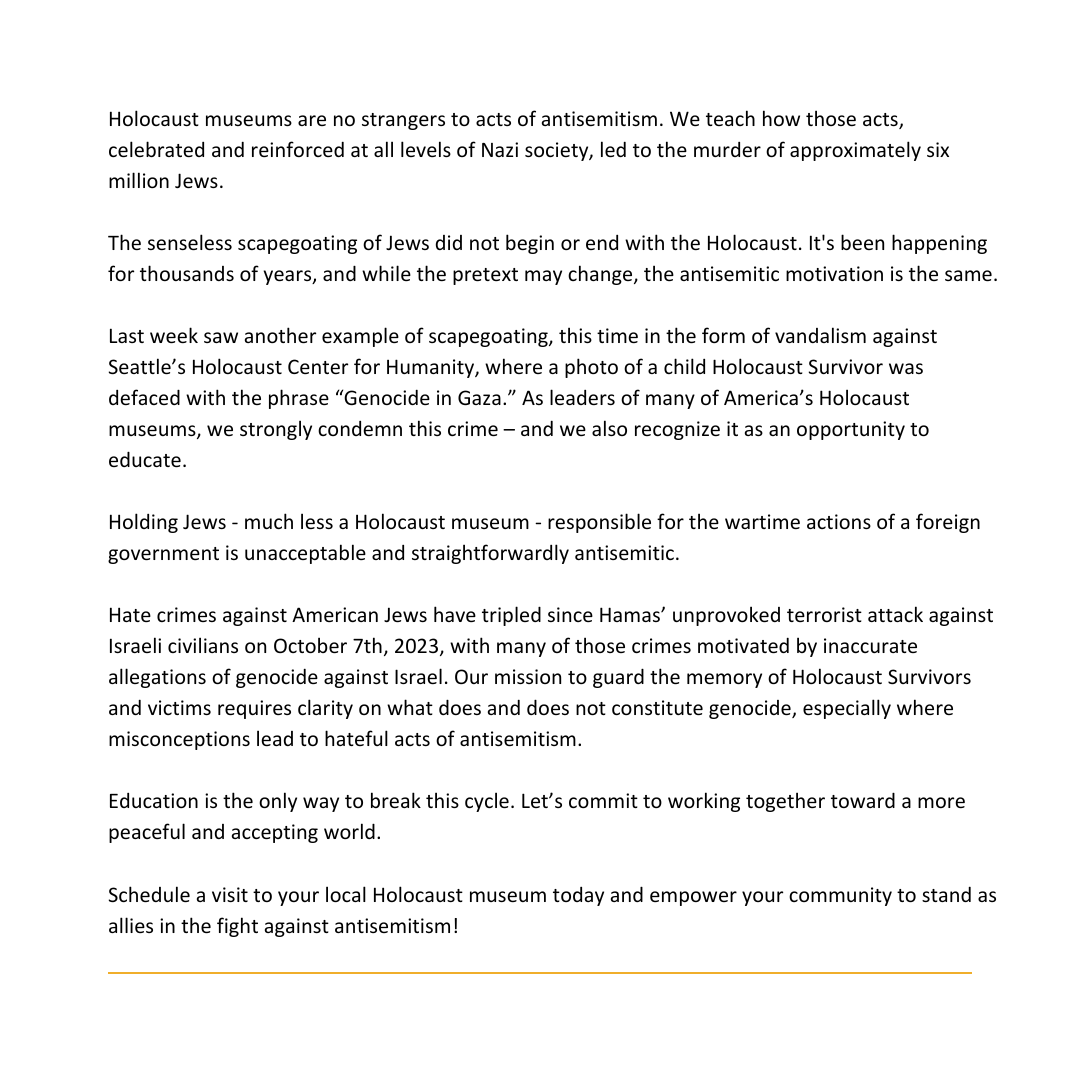 Joint statement issued by The Florida Holocaust Museum, <a href="/HCHSeattle/">Holocaust Center for Humanity</a>, <a href="/ihmec/">Illinois Holocaust Museum</a>, <a href="/hmla1961/">Holocaust Museum LA</a>, <a href="/MJHnews/">MuseumJewishHeritage</a>, <a href="/cincyhhc/">The Holocaust & Humanity Center</a>, <a href="/HolocaustMI/">The Zekelman Holocaust Center</a> in response to the vandalism at Seattle's Holocaust Center for Humanity.