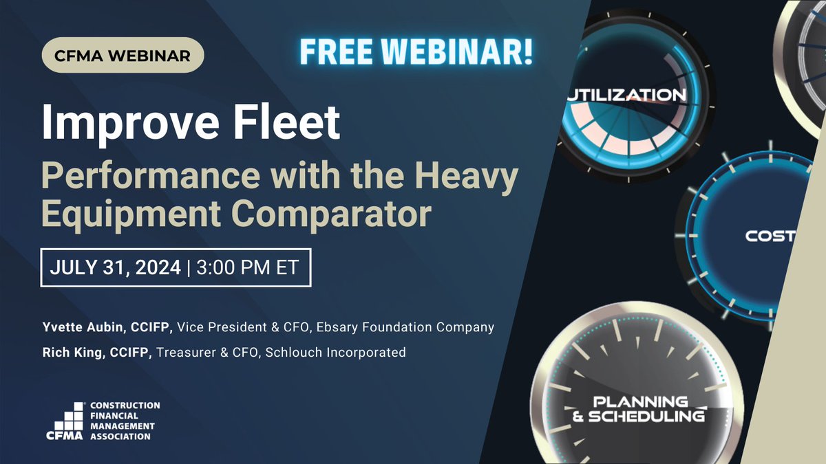 Discover how the Heavy Equipment Comparator (HEC) can transform your company's fleet management! Register for this free webinar to learn about KPIs, cost codes, and partnering with your fleet manager for optimal results. ➤ cfma.org/events/details…