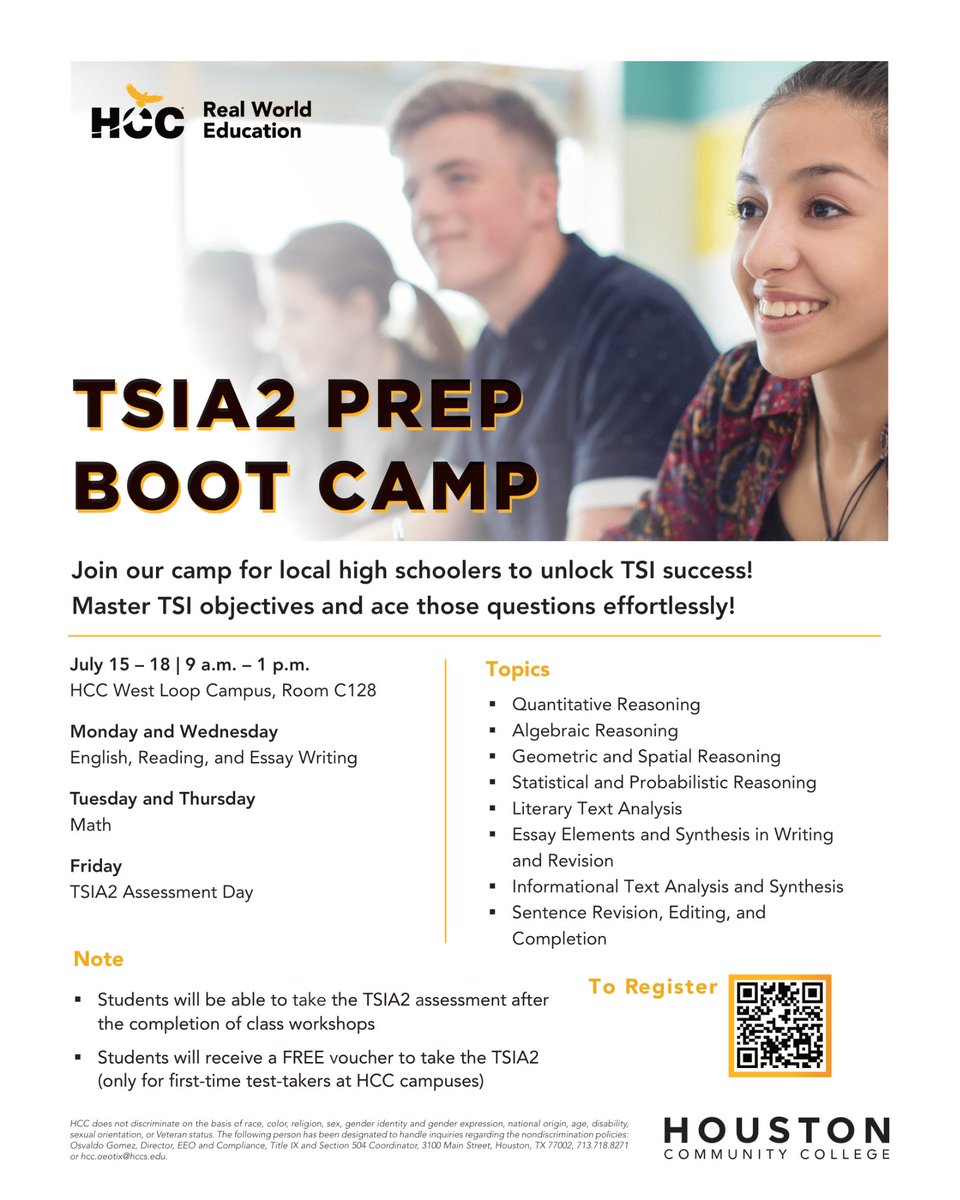 FortBendISD's tweet photo. Reminder: @WeAreHCCS is offering two upcoming TSIA2 prep boot camps! Master TSI objectives and ace those questions effortlessly! Check out the flyers for more details and to register.

#FBISDSuccess #TSIA2Prep #FutureReady https://t.co/lcaMmhlTNW