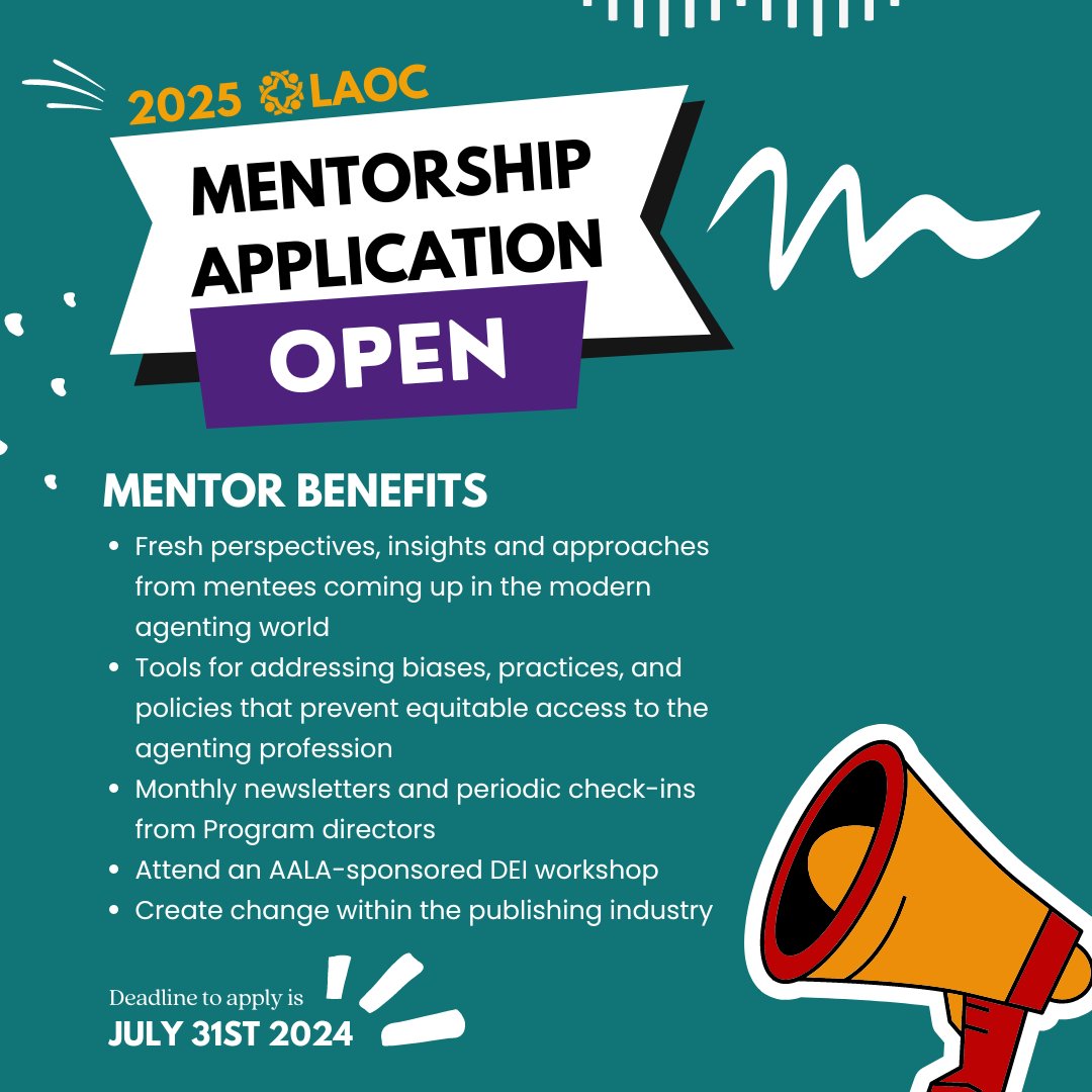 The next cycle of the Literary Agents of Change Mentorship program is coming soon! Apply to be a mentor or a mentee by July 31st, 2024. #LAOCMentorship 

airtable.com/appUBxLXVxSN7v…