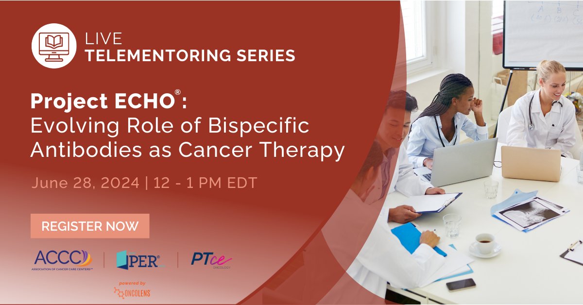 There is still time to register for the final session of the Project ECHO tele-mentoring series on bispecific antibodies and care coordination. Earn 1.0 CME, CPE, or CNE credit when you complete the session. Register now at bit.ly/3wno9cx. 

Powered by <a href="/OncoLens/">OncoLens</a>