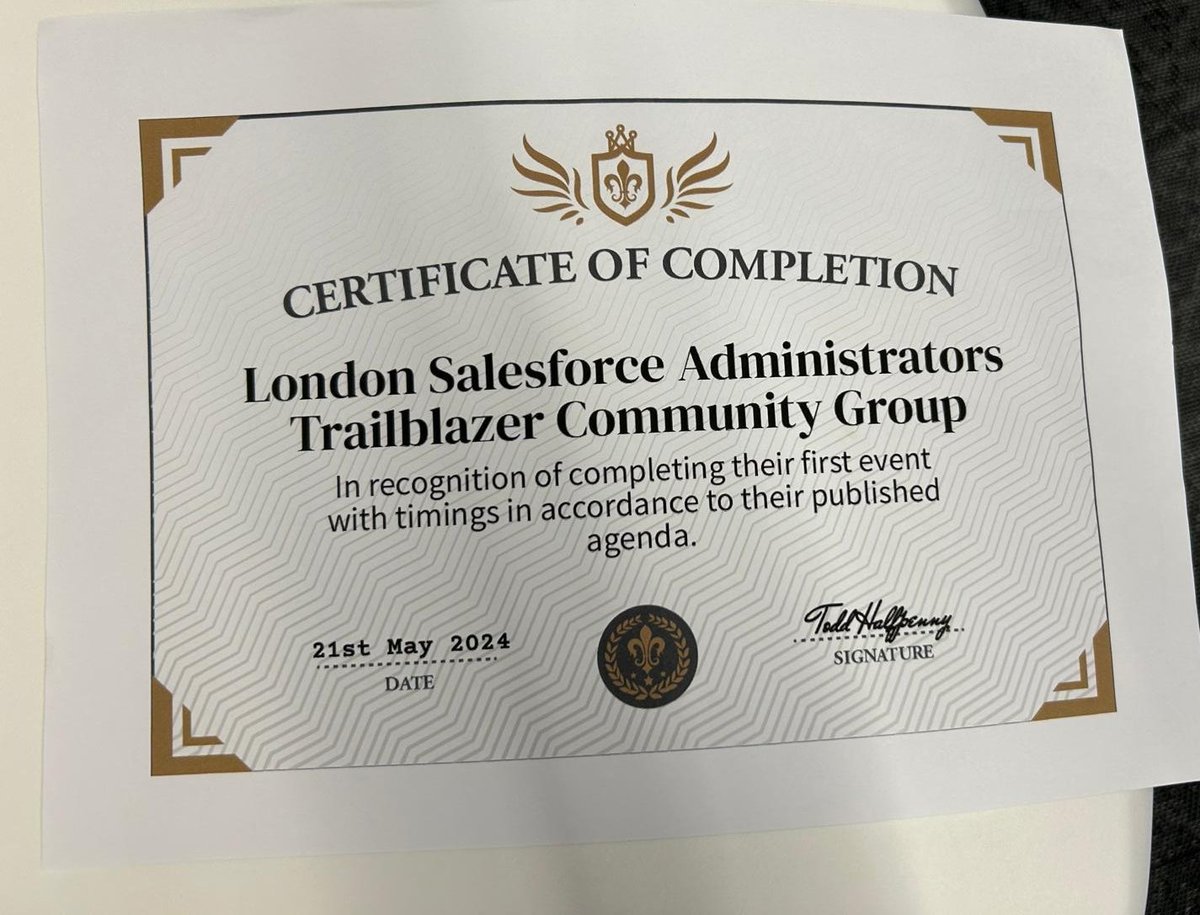 London, UK Administrators Group ☁️ (@laugsfadmns) on Twitter photo <a href="/LonDevSFDC/">London, UK Salesforce Developers</a> we were happy to receive our certificate of achievement this evening from <a href="/RobSalesforce/">Rob Cowell (he/him/his) 🌻🇺🇦🌻</a>.
You'll be pleased to know, it was a one time event. Normal service resumed this evening... <a href="/LonDevSFDC/">London, UK Salesforce Developers</a> we were happy to receive our certificate of achievement this evening from <a href="/RobSalesforce/">Rob Cowell (he/him/his) 🌻🇺🇦🌻</a>.
You'll be pleased to know, it was a one time event. Normal service resumed this evening...