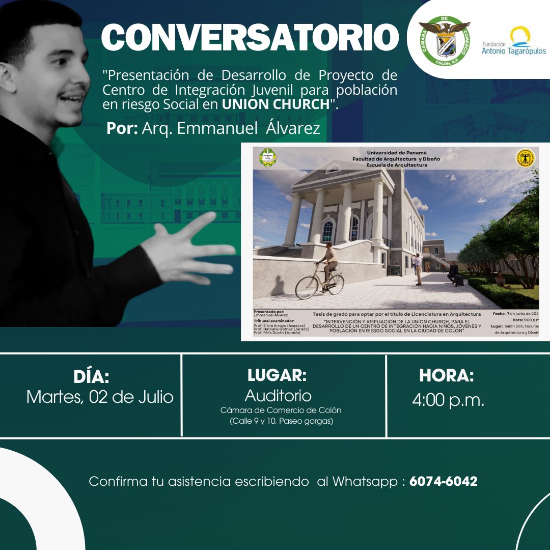 Los invitamos a participar de nuestro próximo conservatorio "Presentación de desarrollo de proyecto de Centro de Integración Juvenil para población en riesgo social en Union Chruch".

Evento sin costo, puedes confirmar tu asistencia escribiendo al Whatsapp: 6074-6042