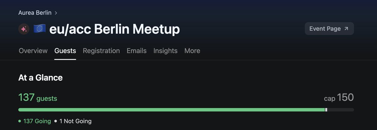 Over 137 signups for the first eu/acc Meetup in Berlin within 2 weeks. Europe is so back 🇪🇺

We will have a great line-up of 5 deep tech founders moderated by <a href="/andreasklinger/">Andreas Klinger 🦾</a> 

We are looking for a sponsor who is aligned with our vision to accelerate Europe. DMs are open