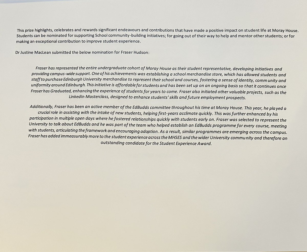 Honoured to accept the group and individual award for Excellence in Student Experience at Moray House. I hope to carry this same commitment to community as I start my probationary year @BoroughmuirPE in August.