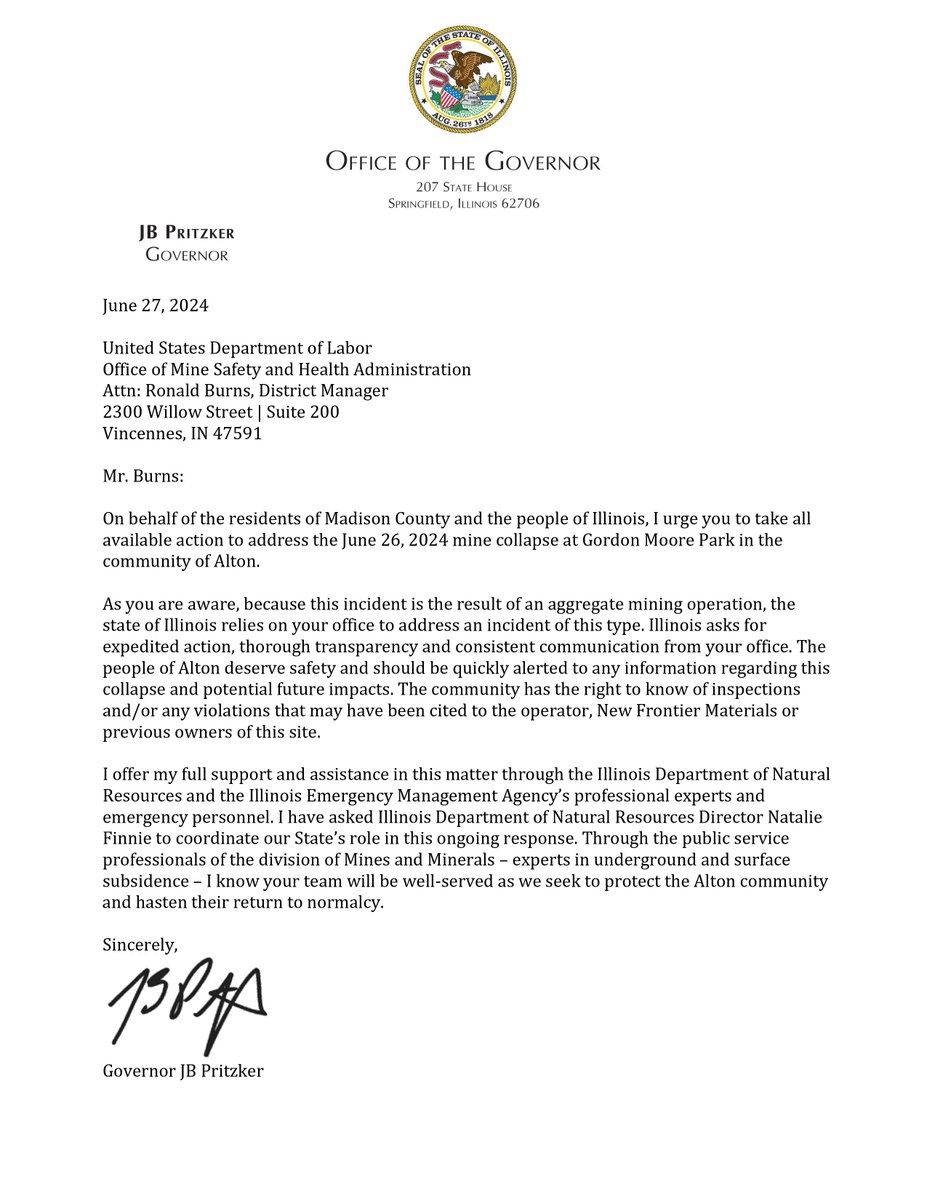 New: <a href="/GovPritzker/">Governor JB Pritzker</a> is calling on the federal Office of Mine Safety and Health Administration (<a href="/MSHA_DOL/">MSHA_DOL</a>) to investigate yesterday's sinkhole incident at a park in Alton. #twill