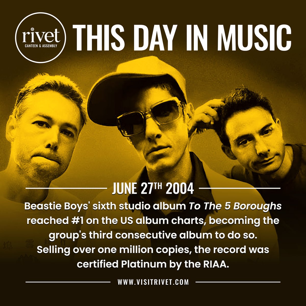 🎶 June 27th, 2004 — This Day In Music: Beastie Boys' sixth studio album "To The 5 Boroughs" reached #1 on the US album charts, becoming the group's third consecutive album to do so. The record sold over one million copies and was certified Platinum by the RIAA.